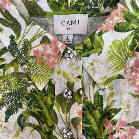 NEW Cami NYC Belkis Blouse Button Up Linen Shirt Green Floral Tropics - Picture 6 of 8